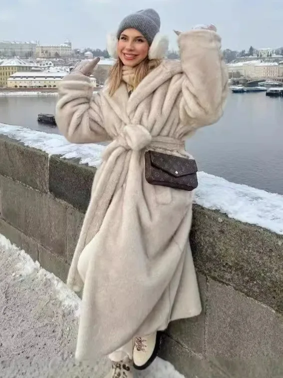 Elegant Belted Faux Mink Fur Coat Women 2024 Winter Beige Gradient Furry Fur Jacket Luxury Brand Hooded Warm Outerwear Overcoat