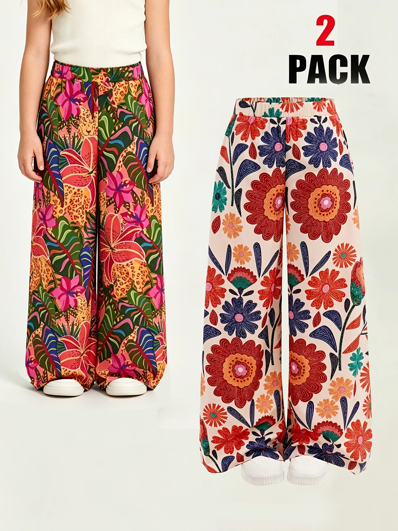 2-Pack Girls' High-Waisted Wide-Leg Casual Trousers