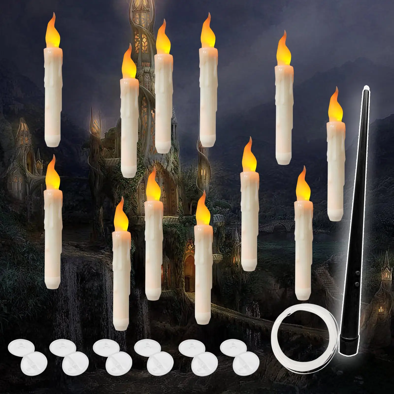 12x Hanging Floating Candles Floating Flameless Flying Candles for Fireplace Party Decoration Christmas Gifts Party Halloween