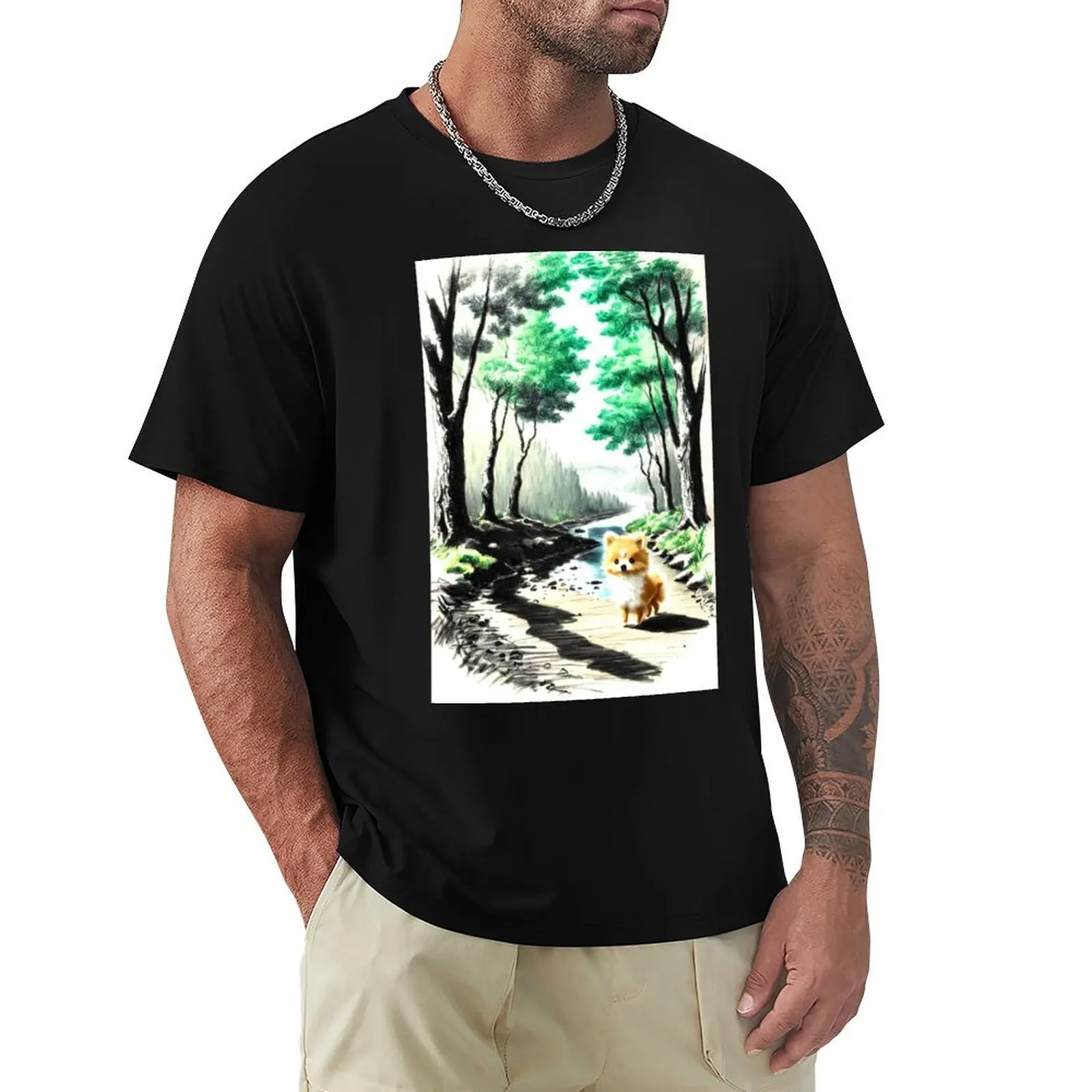 Enchanting Pomeranian Forest Trail: Colored Pencil Art Design T-Shirt Summer Holiday Casual Tee