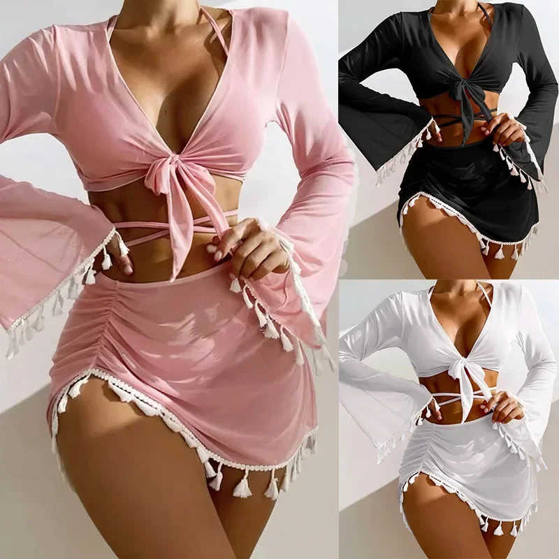 

2025 New Aliexpress Conservative Swimwear Women's Solid Tassel Mesh Mask Short Skirt Set of Four Bikini