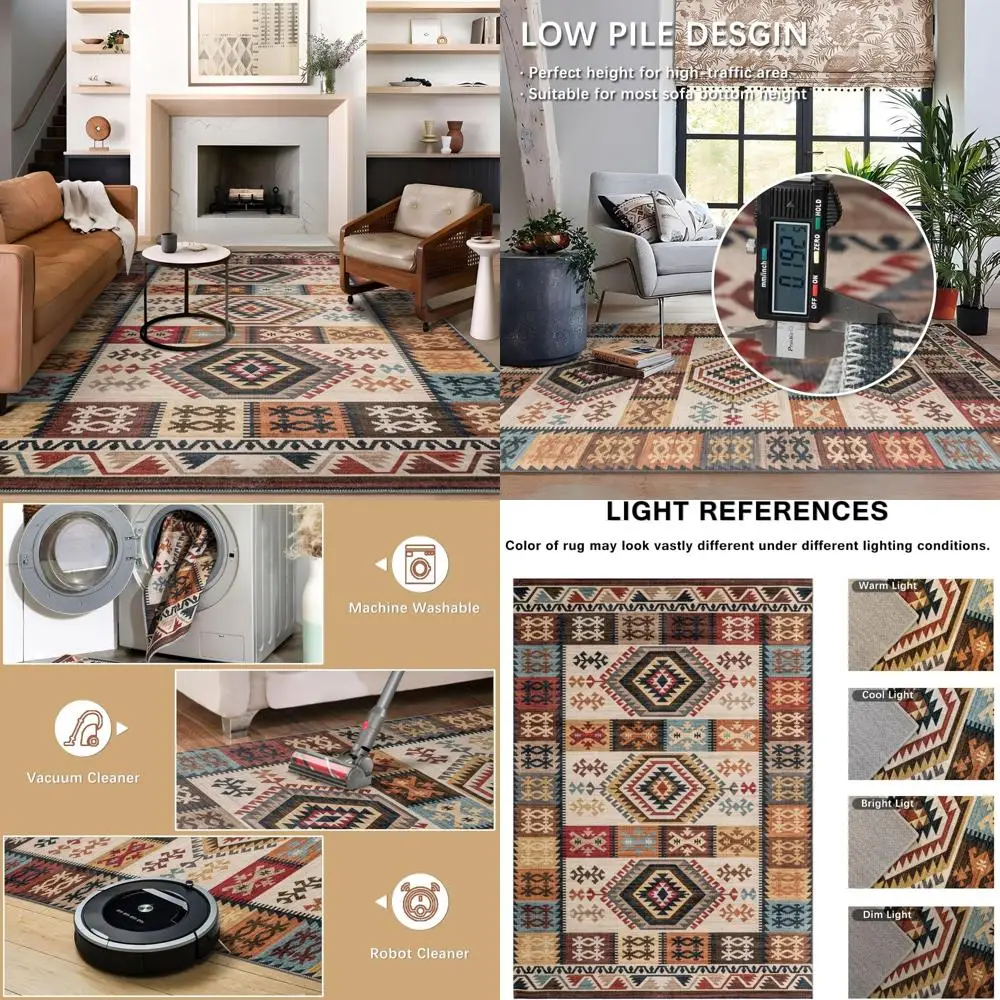 

5x7 Feet Washable Western-Style Boho Area Rug with Southwestern Aztec Design and Non-Slip Backing