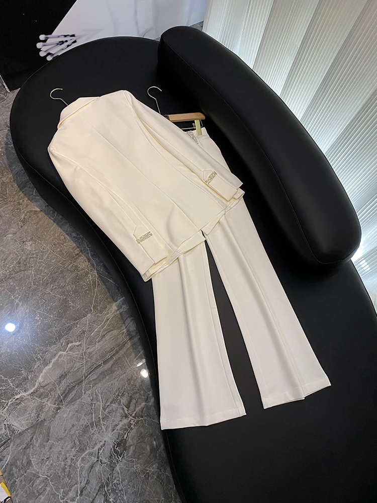 Top Quality Lady Office Stylish Solid Suit Shawl Collar Blazer Wide Leg Elastic Waist Pants Women Hot Fix 2Pcs