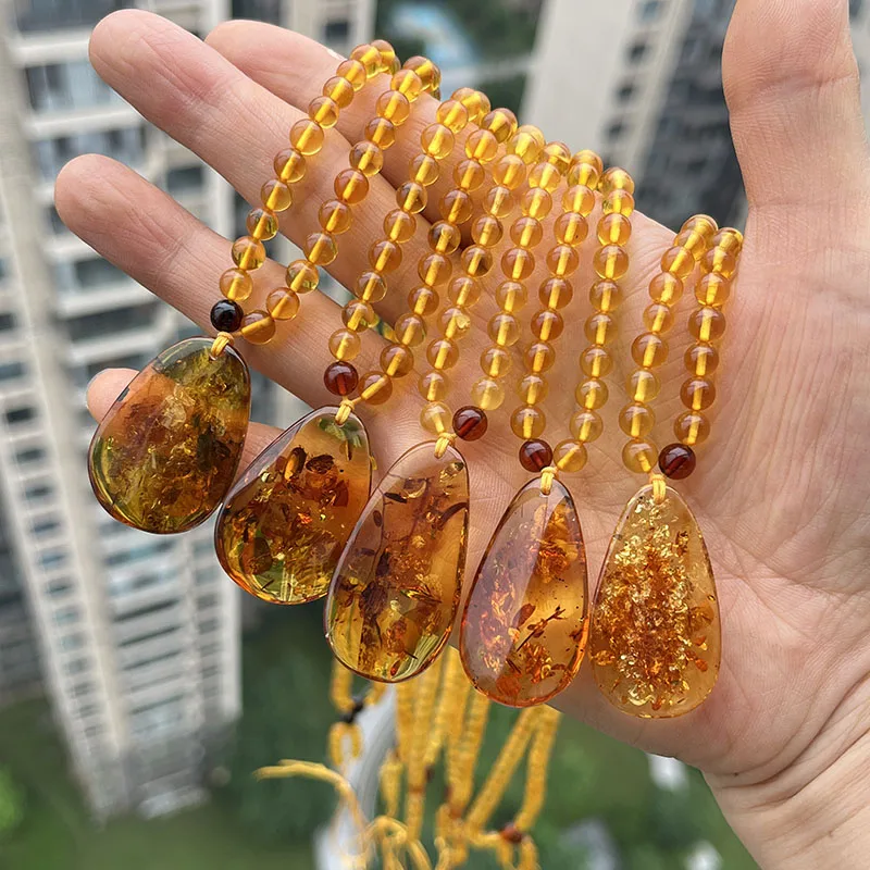 100% Original Amber Floral Pendant Necklace Diy Gift Unique New Natural 56cm Chain 5mm Golden Beads Baltic Flower Amber Jewelry