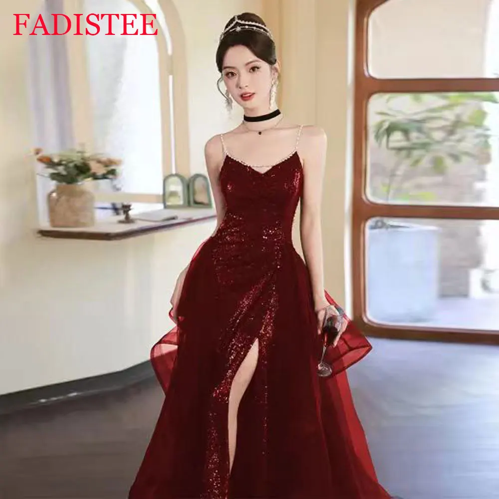 Luxury Shinny Sequins Sling Evening Party Dresses Sexy Elegant Temperament Prom Dress Split Mesh Tiered Simple Vestidos De Noche