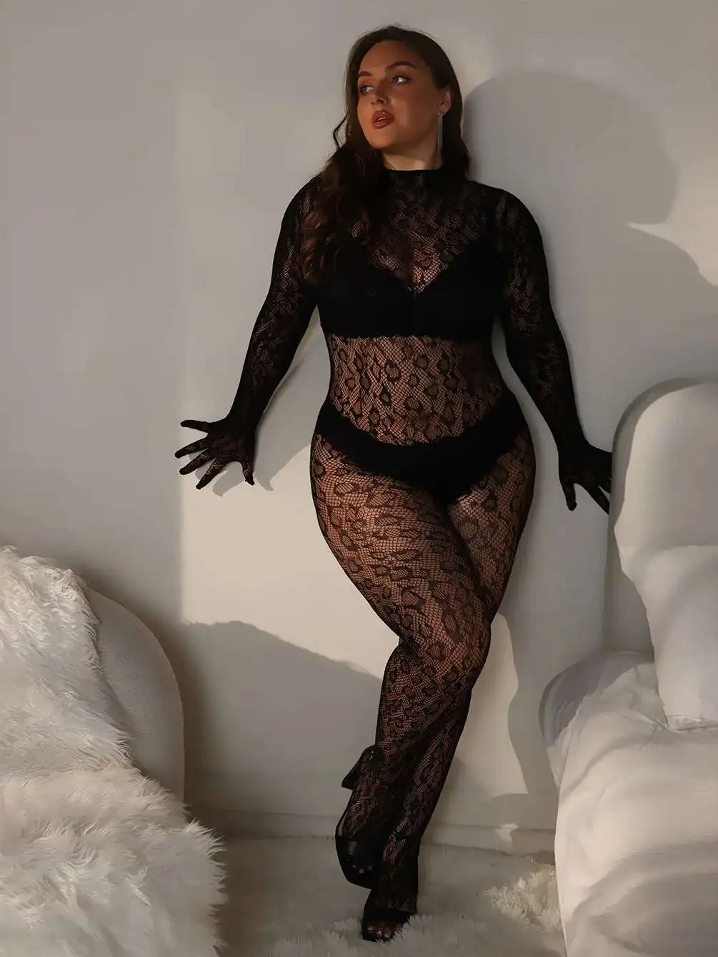 Large Size Sexy Leopard Print Bodysuits Transparent Lace Mesh Long Sleevess Bodysuits Pure Desire Charming Elegant Thin W8LA