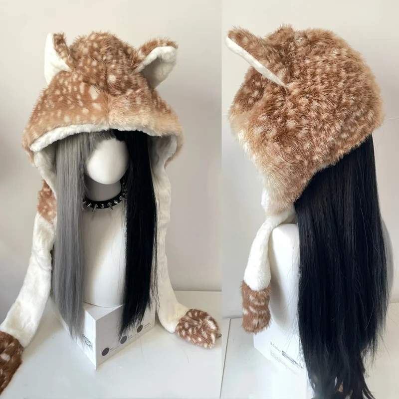 New Harajuku Kawaii Reindeer Hat Faux Fur Plush Winter Warm Furry Ear Protection Cap Christmas Subculture Y2K Girl Punk Hats