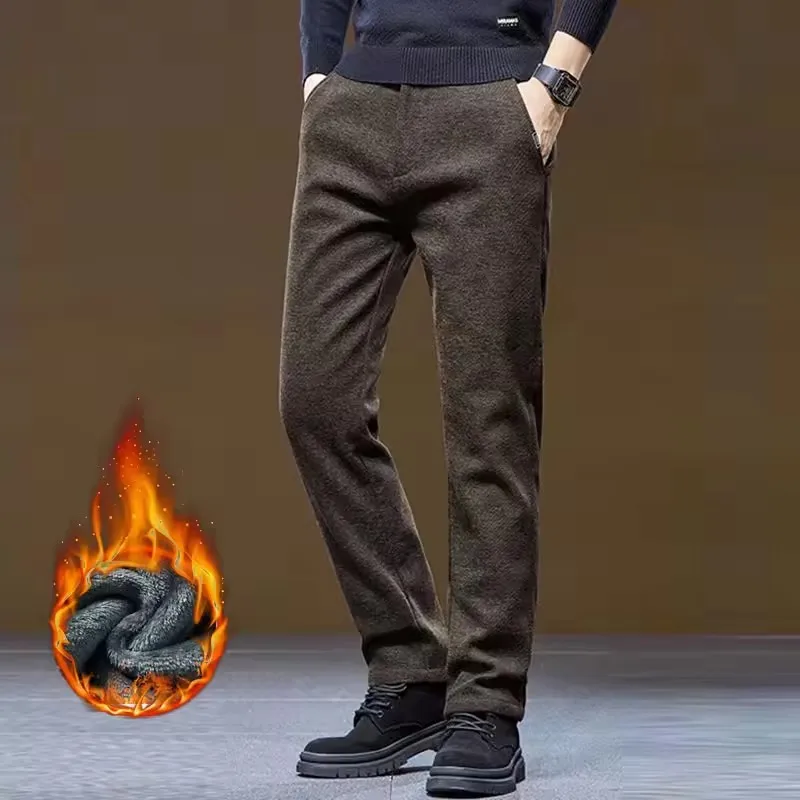 Pantaloni casual spessi in pile invernale Pantaloni classici versatili slim fit da lavoro da uomo Pantaloni da lavaggio per abbigliamento formale a media elasticità