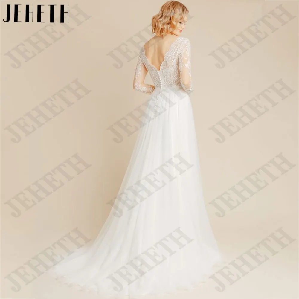 JEHETH-vestidos de novia de manga larga con cuello en V, traje de novia, línea A, Espalda descubierta, botones traseros, tul, hecho a medidaJEHETH-vestidos de novia de manga larga con cuello en V, traje de novia, línea