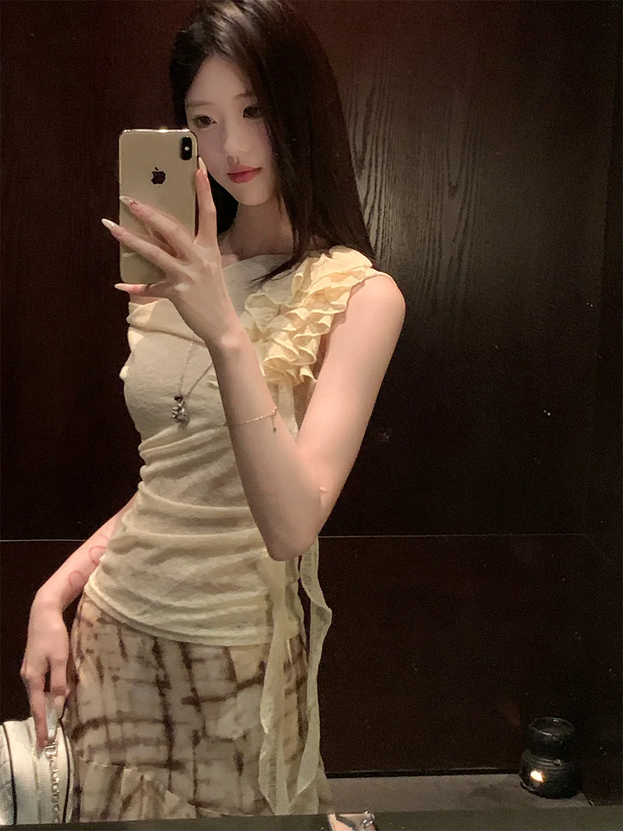 

Summer TulipCCc Off-oulder Lace Trim Csole Vest Women's ter Ne Skirt Set Unique Design Faionable Casual Wear