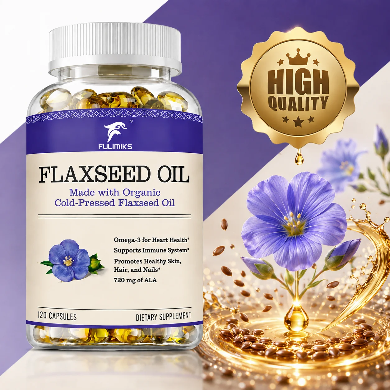 Flaxseed Oil Supplement, High‑Potency 1200mg Omega 3‑6‑9,Cardiovascular Comfort,Promote Healthy Skin & Support Strong Hair Care