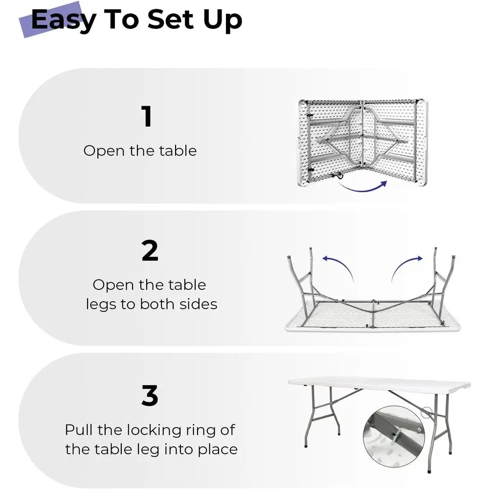 실내, 실외, 캠핑, 피크닉 및 파티용 6피트 헤비듀티 휴대용 플라스틱 접이식 유틸리티 테이블, 화이트