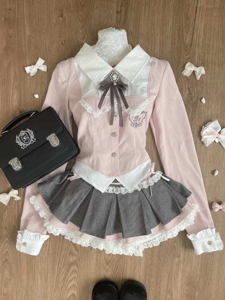 Spring Y2K Princess Outfits Women 2 Piece Sets Sweet Kawaii Bow Tops + Lace Pleated Skirt Female Retro Chic Preppy Style Clothes