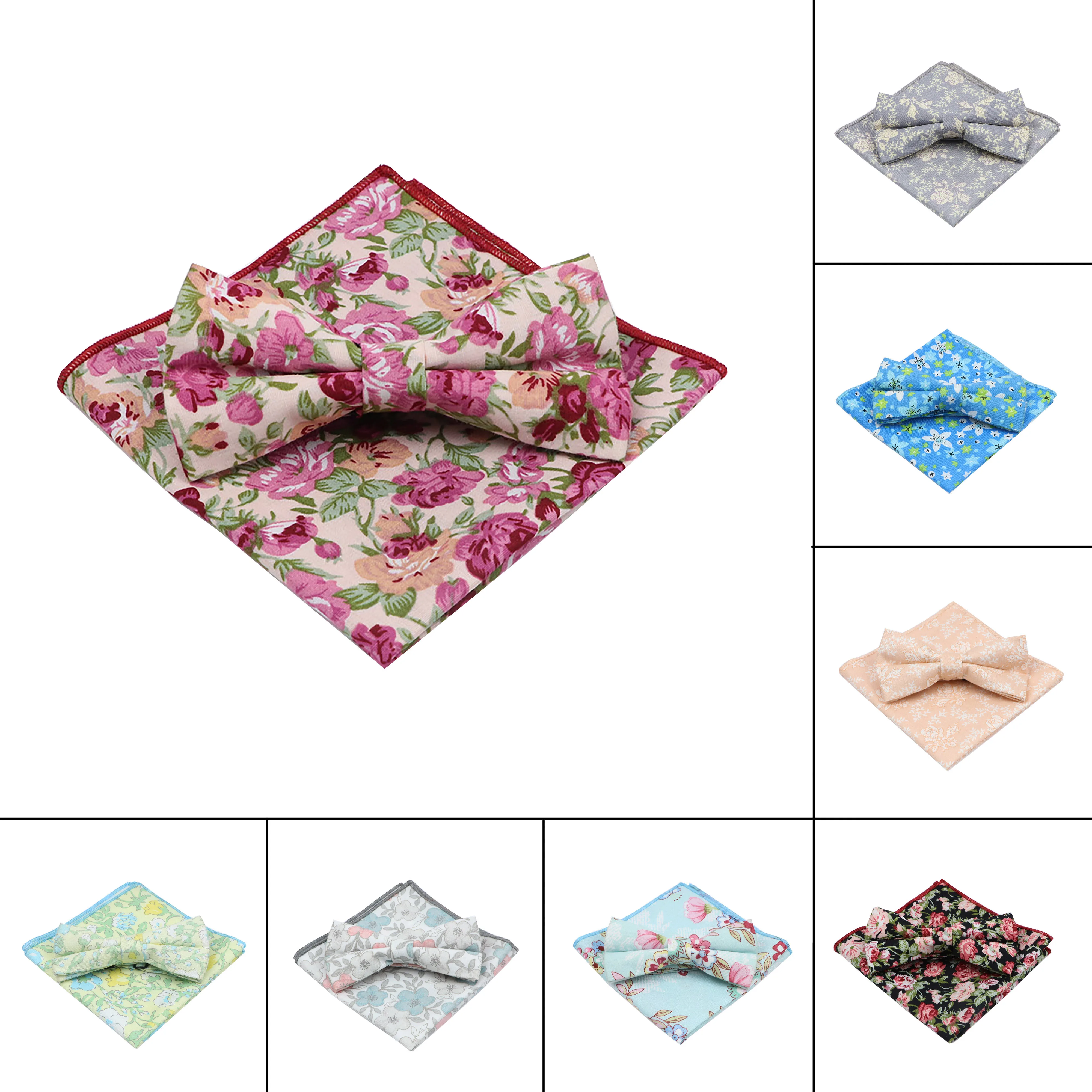 

Men's Cotton Floral Bow Tie handkerchief Set Pnik Blue Butterfly Bowtie Pocket Square For Wedding Party Suit Dress Accessories