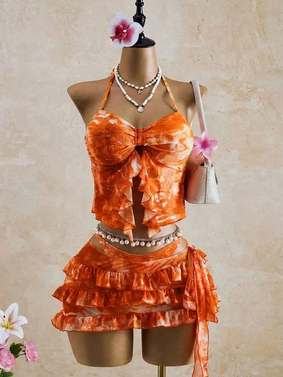

Womens Orange Tie Dye Ruffled Halter Bikini Set With Skirt