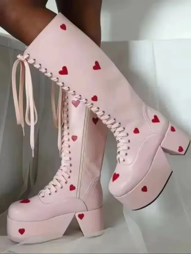 Cute Pink Heart Platform Knee-High Boots Lace-Up Chunky Heel Y2K Style Casual Party Stage Long Boots Sweet Stylish