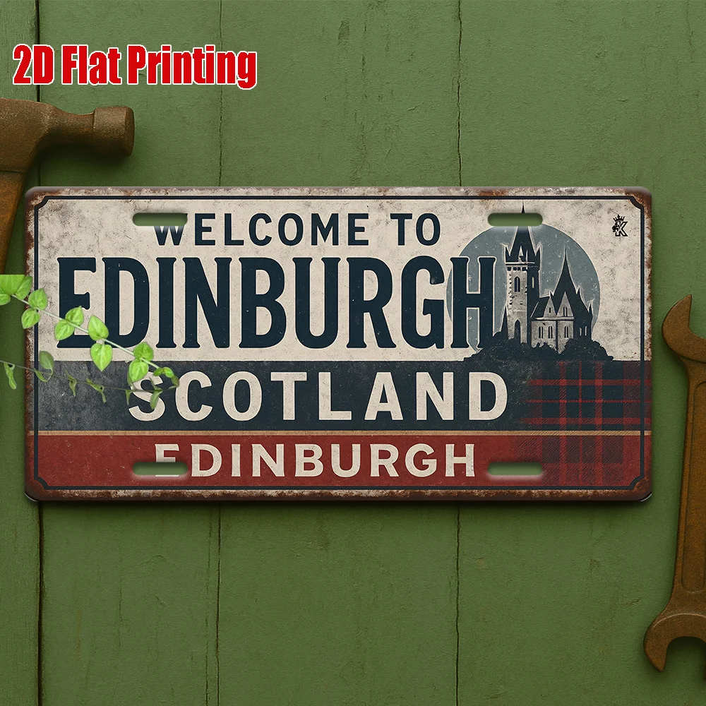 2D Flat - 1pc Edinburgh Welcome Sign Metal Sign | 2D Flat Printing, Vintage Aluminum, For Decoration Only, Ideal for Library, Pu