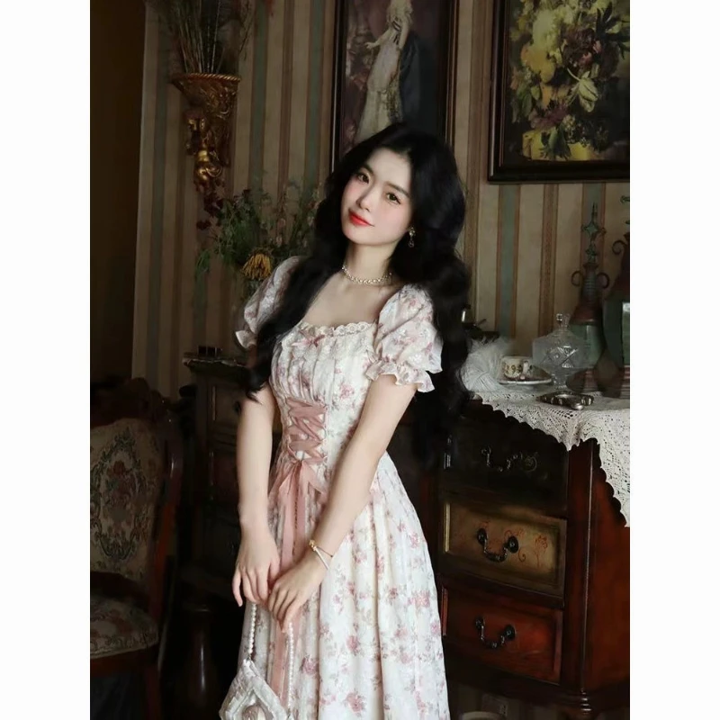 2025 letnia koronkowa koreańska sukienka wróżki kobiety kwadratowy kołnierzyk księżniczka Kawaii kwiatowy Midi sukienka damska bandaż słodkie sukienki moda