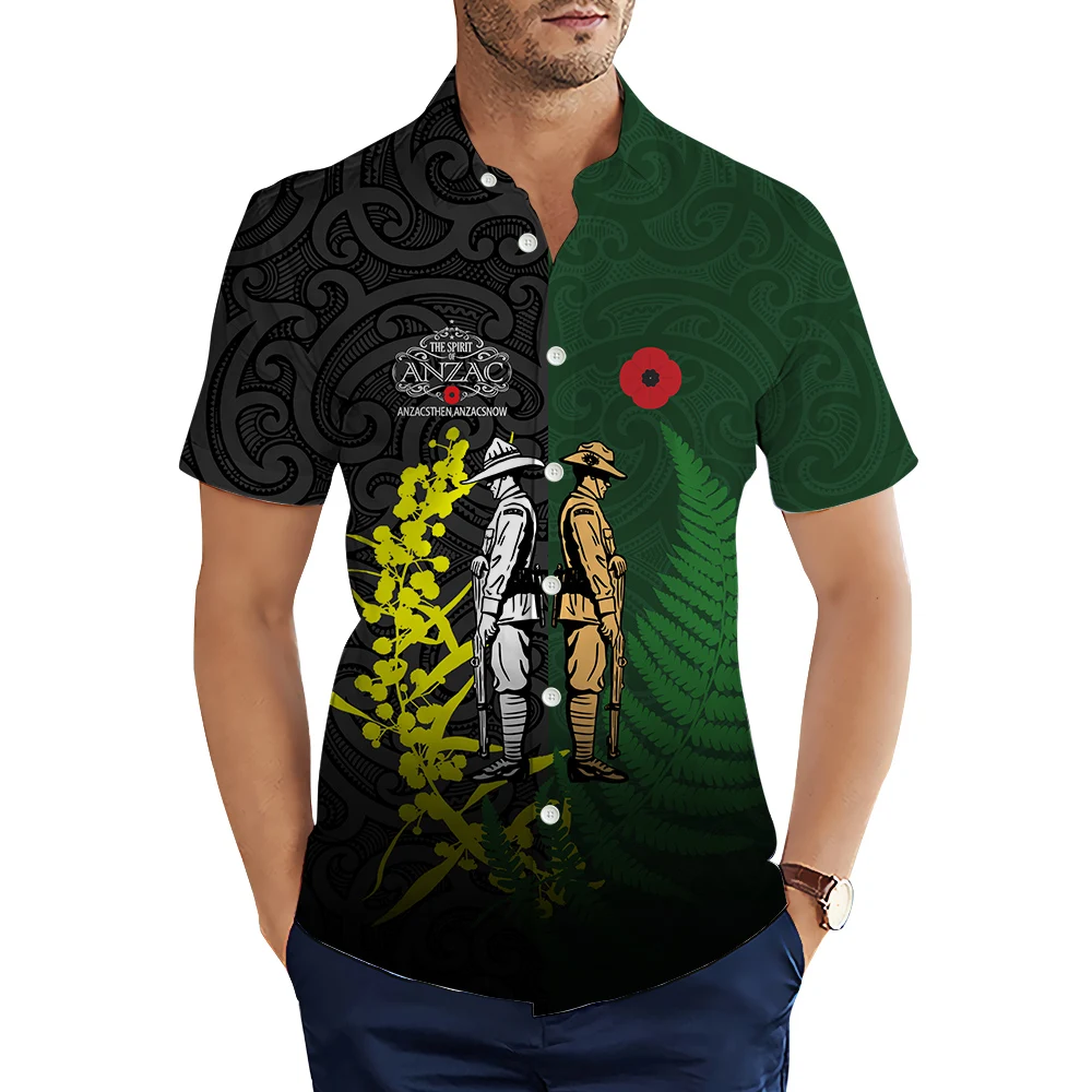 HX Camisas masculinas da moda Anzac Day Last We Forget Splicing Camisa casual impressa em 3D Camisas de verão para roupas masculinas