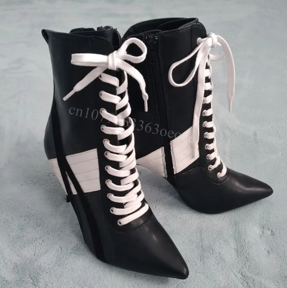 

Mixed Color Cross Tied Ankle Boot Thin HIgh Heels Shoe for Women Pointed Toe Matte Leather Fashion Shoe 2024 Zapatos Para Mujere