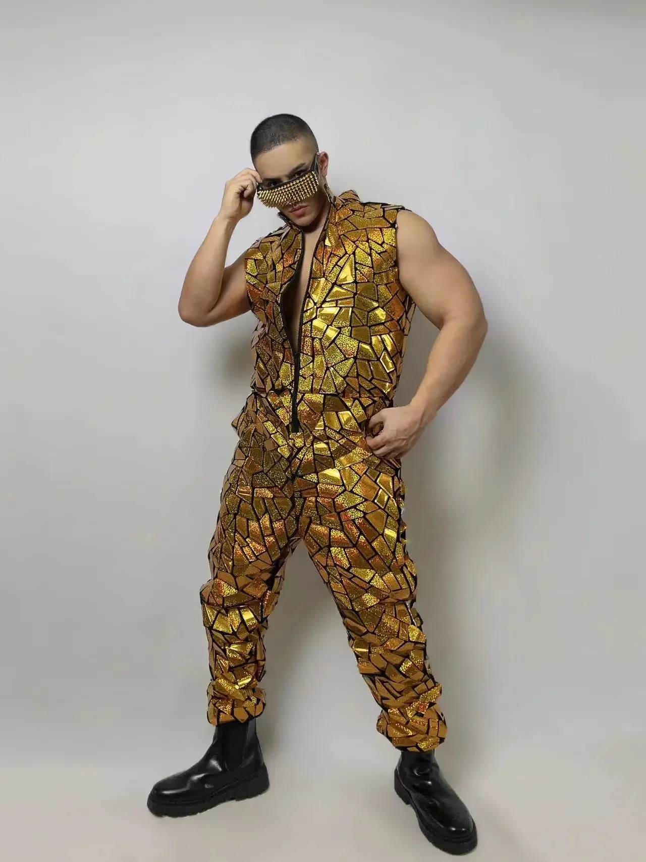 Gold Mirror Laser Sleeveless Jumpsuit Male Singer Dancer Team Performance Clothes Hip Hop Jazz Dance Overalls Club Party Costume