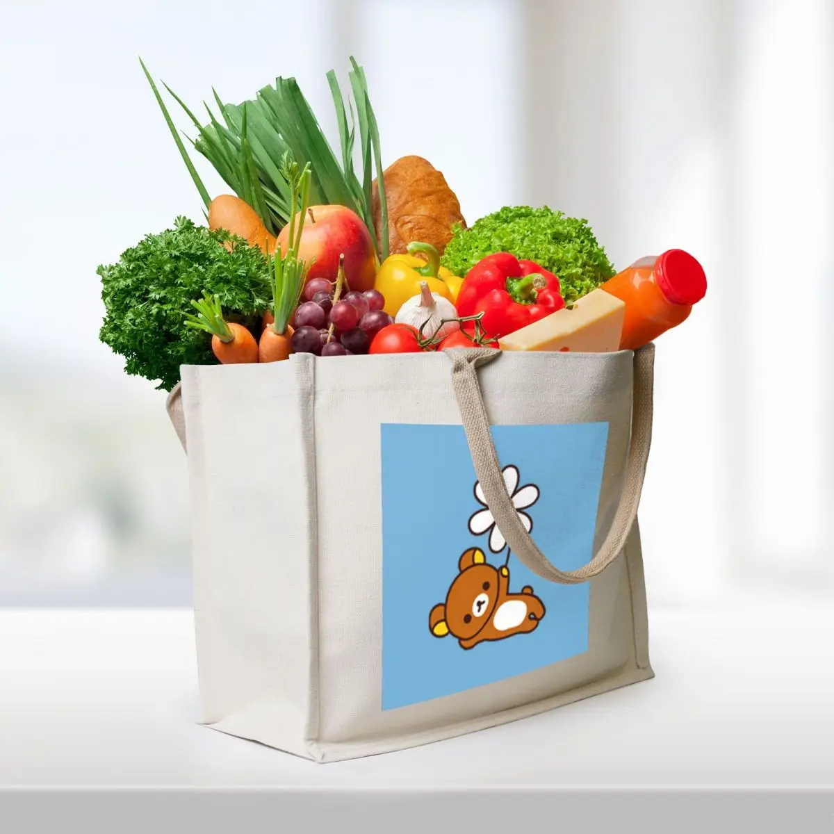 Brown Bear Rilakkuma With Daisy Flower Tote Bag canvas tote Custom bag reusable shopping bag