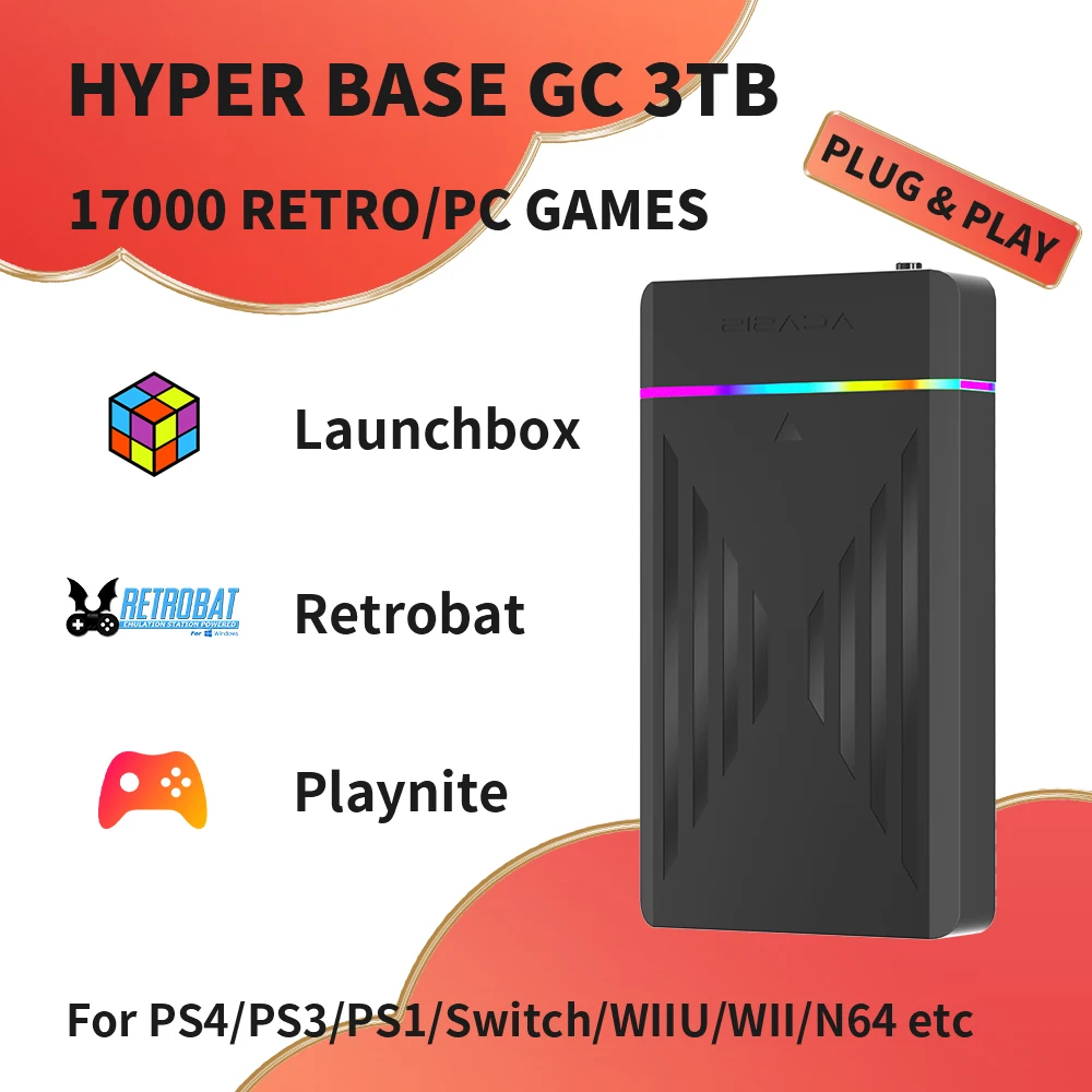 3TB Game Hard Drive With 17300+Games With Launchbox/Retrobat/Playnite Game Console Emulators For PS4/PS3/PS1/Switch/WIIU/WII/N64