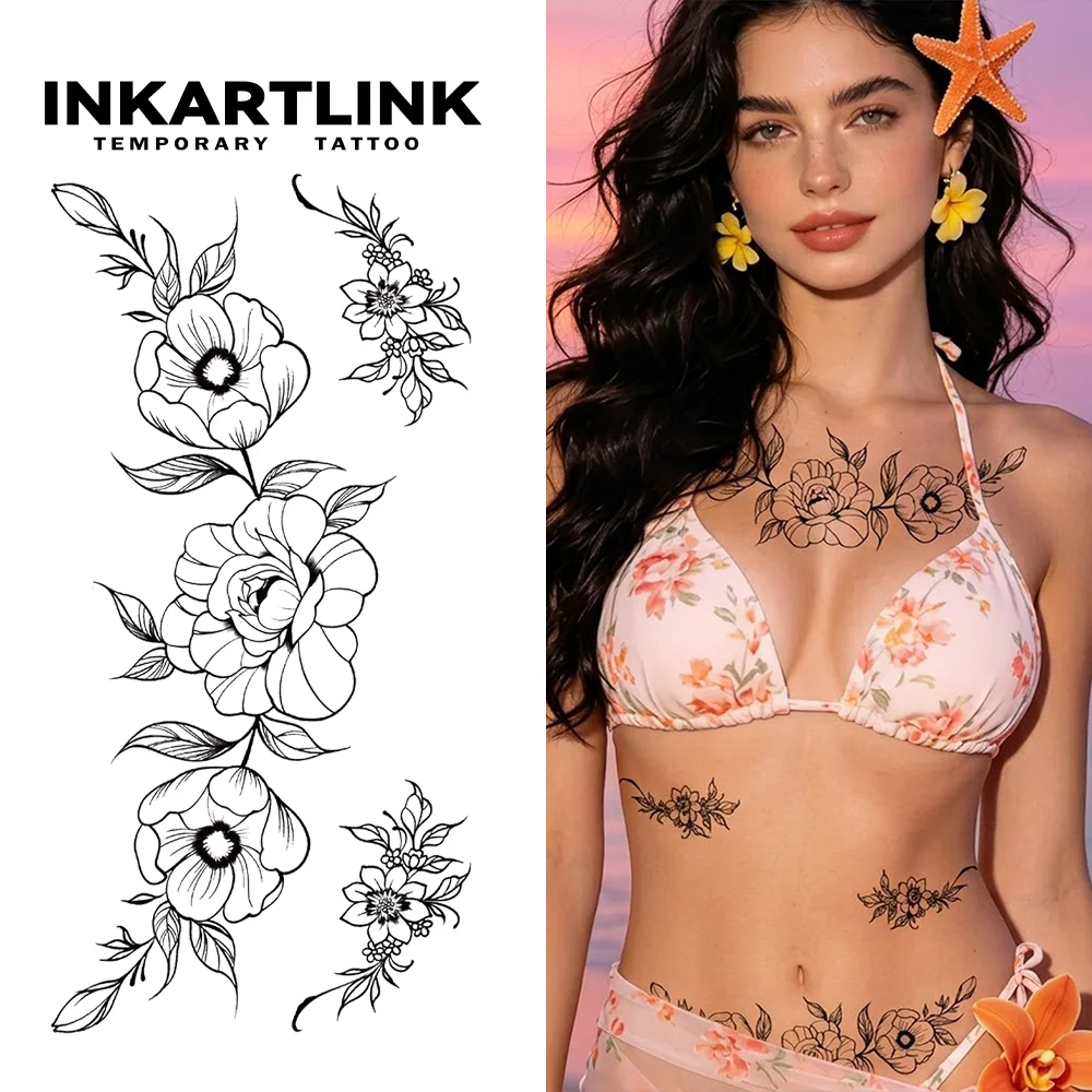 INKARTLINK Multi-piece Floral Chest Adornment Waterproof Tattoo Sticker for Beach Getaways & Resort Vacay.