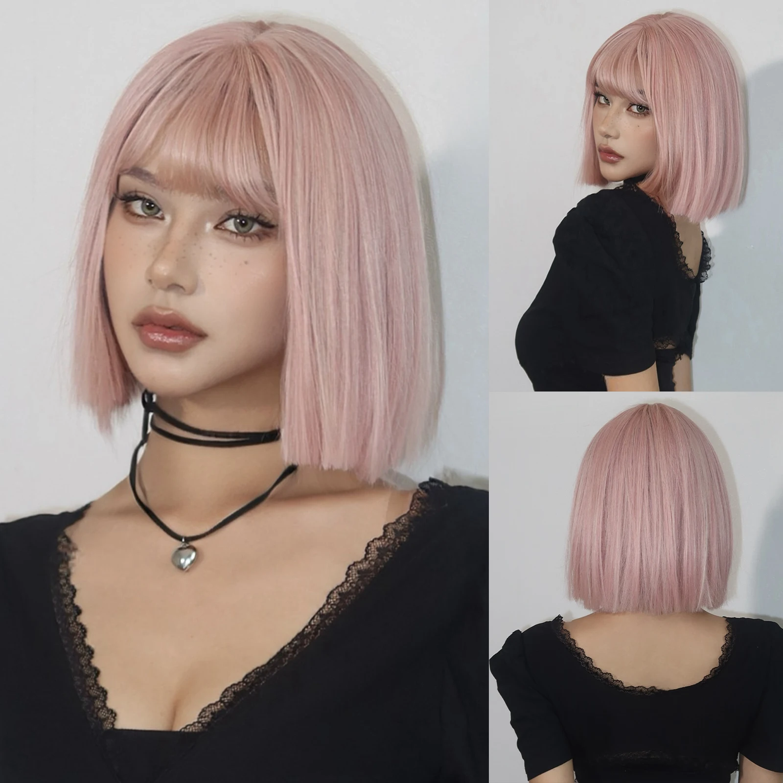 Gray Pink Synthetic Wigs Short Bob Cut Blunt Wigs with Bangs Cosplay Lolita Hair Wig for White Women Heat Resistant Party Daily