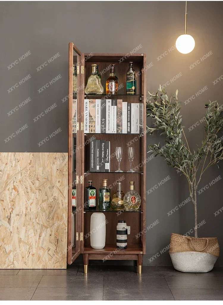 A Walnut Solid Wood Bookcase With Glass Door Dust Display Case Storage Stylish And Simple