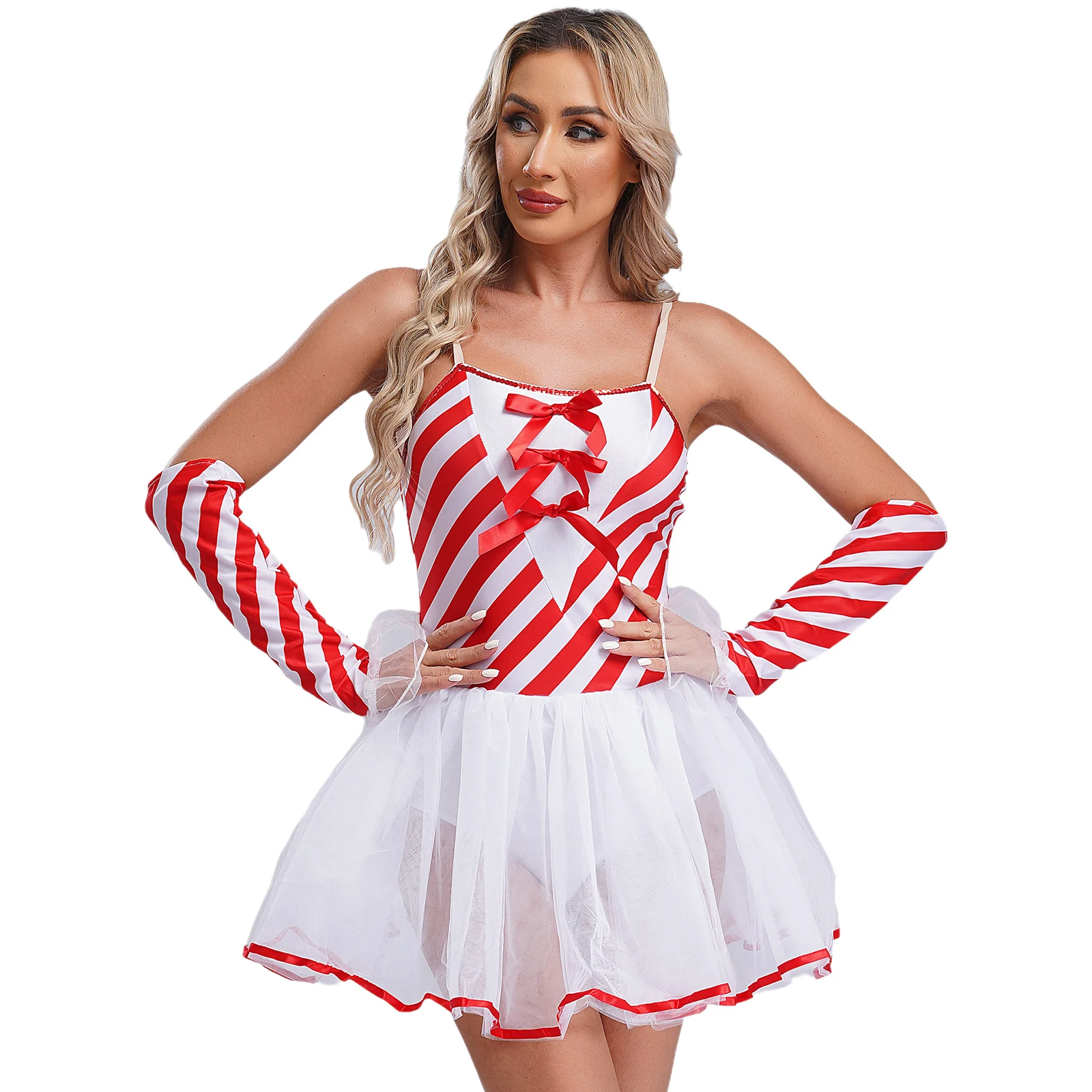 

Women Christmas Holiday Party Candy Cane Tutu Dress with Gloves Striped Tulle Sling Fancy Dress for Christmas Cosplay Costumes