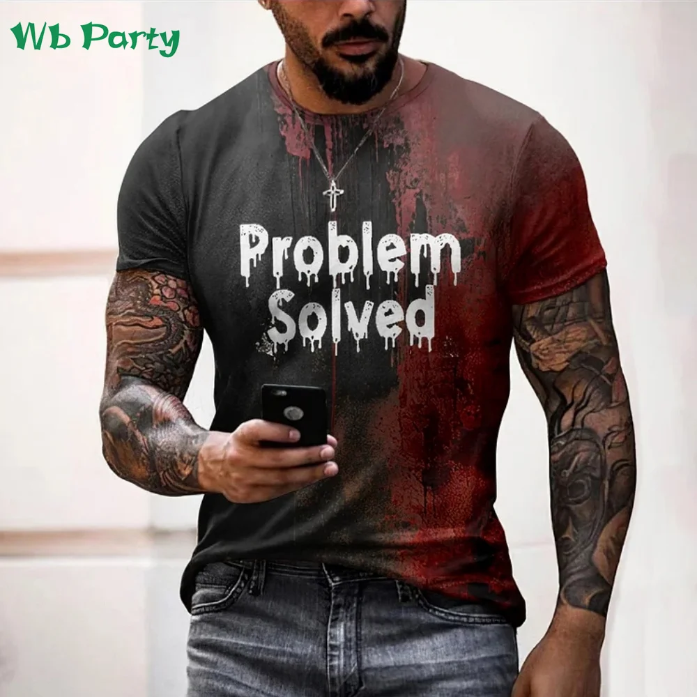 Problem Solved Bloody Print Men's Clothing Fashion T-shirts for Men Horrible Halloween Short Sleeve Tops O-Neck 3D Mens T shirt image 5