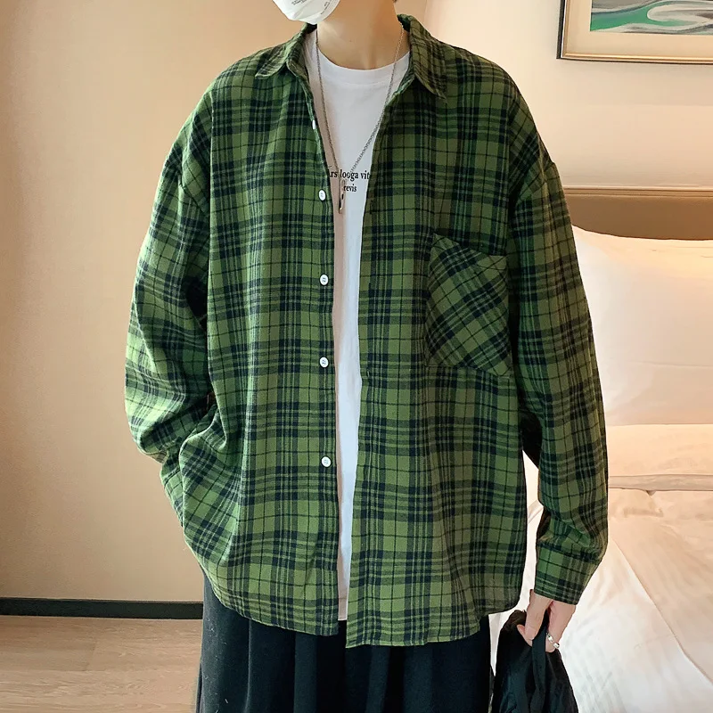 Japanese retro plaid shirt men's long sleeve trendy casual shirt Hong Kong style ins autumn handsome jacket