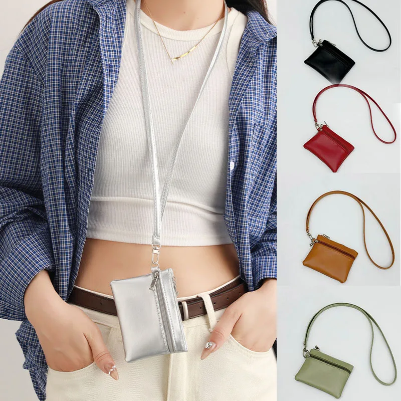 Women's Wallet with Neck Hanging String PU Soft Leather Coin Purse with Double Zipper Travel Card Holder Cash Organizer Case
