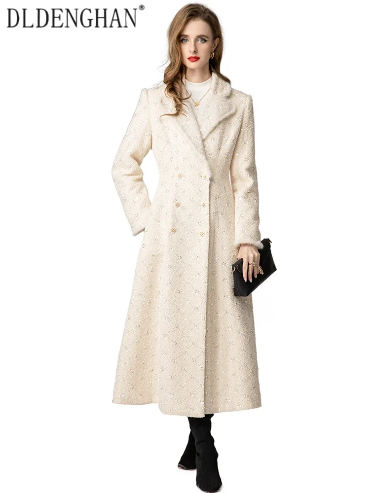 DLDENGHAN Autumn Double Breasted Sequin Beaded Tweed Coat For Women Feather Turn-Down Collar Long Sleeves High Street Outerwear