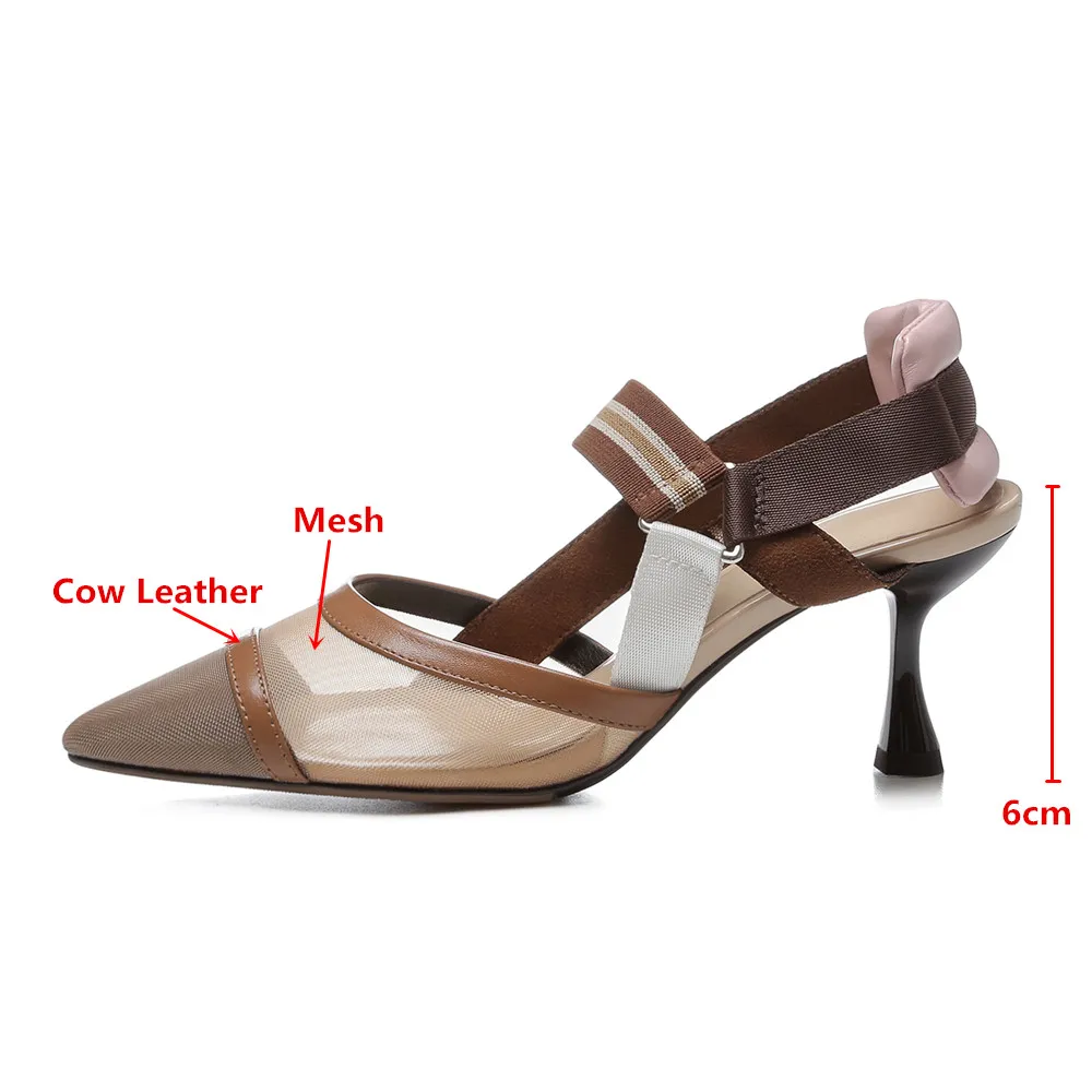 Aucegi Pointy Toe Thin High Heel Slingback Sandals Women Brand Design Elegant Genuine Leather Splicing Mesh Party Dress Shoes