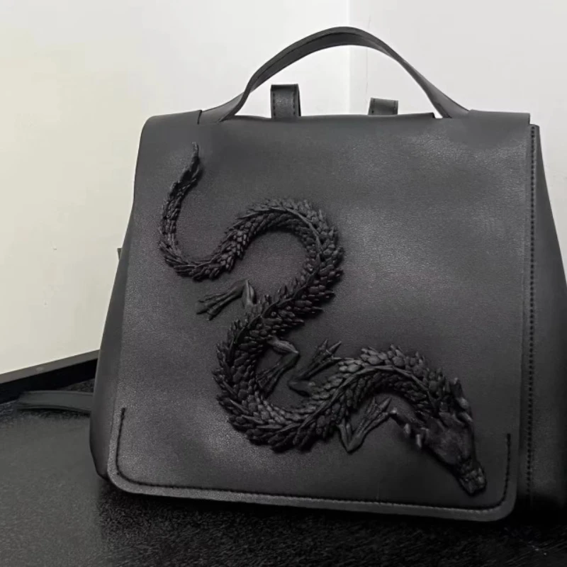 

Customized Handcrafted DIY Genuine Leather Double-shoulder 3D Dragon King and Black King Snake Shoulder Hand-held Backpack