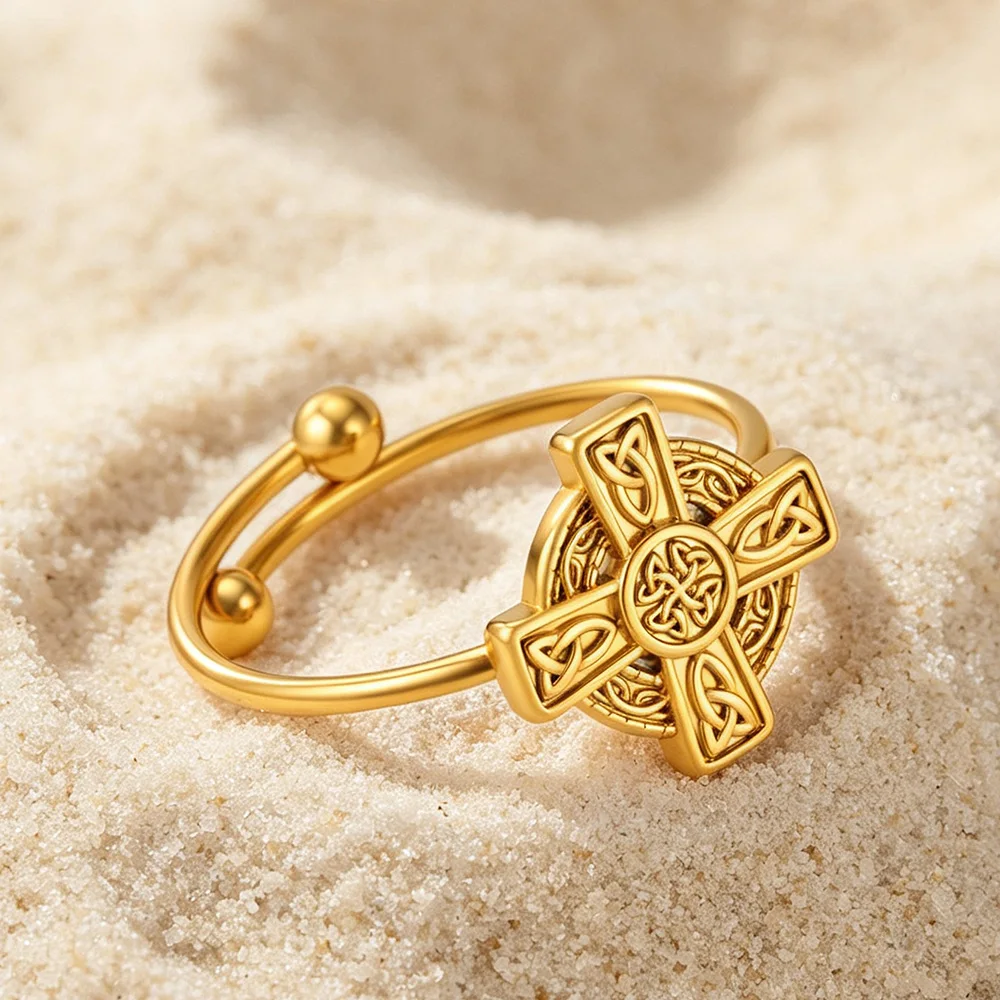 Celtics Knot Cross Ring for Men Women Stainless Steel Adjustable Rings Triquetra Trinity Knot Protection Amulet Irish Jewelry