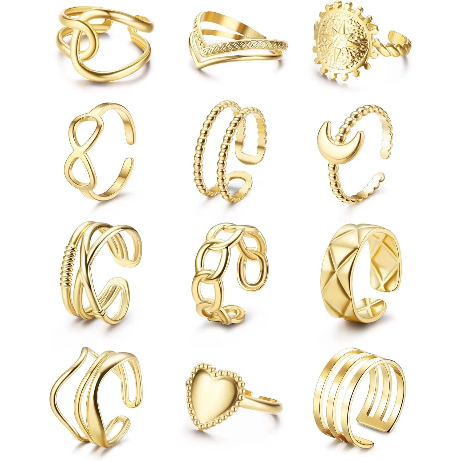 

Bobisty 12Pcs 316L Stainless Steel Rings for Women Men Heart Infinity Open Ring Adjustable Stackable Cool Punk Boho Thumb Rings
