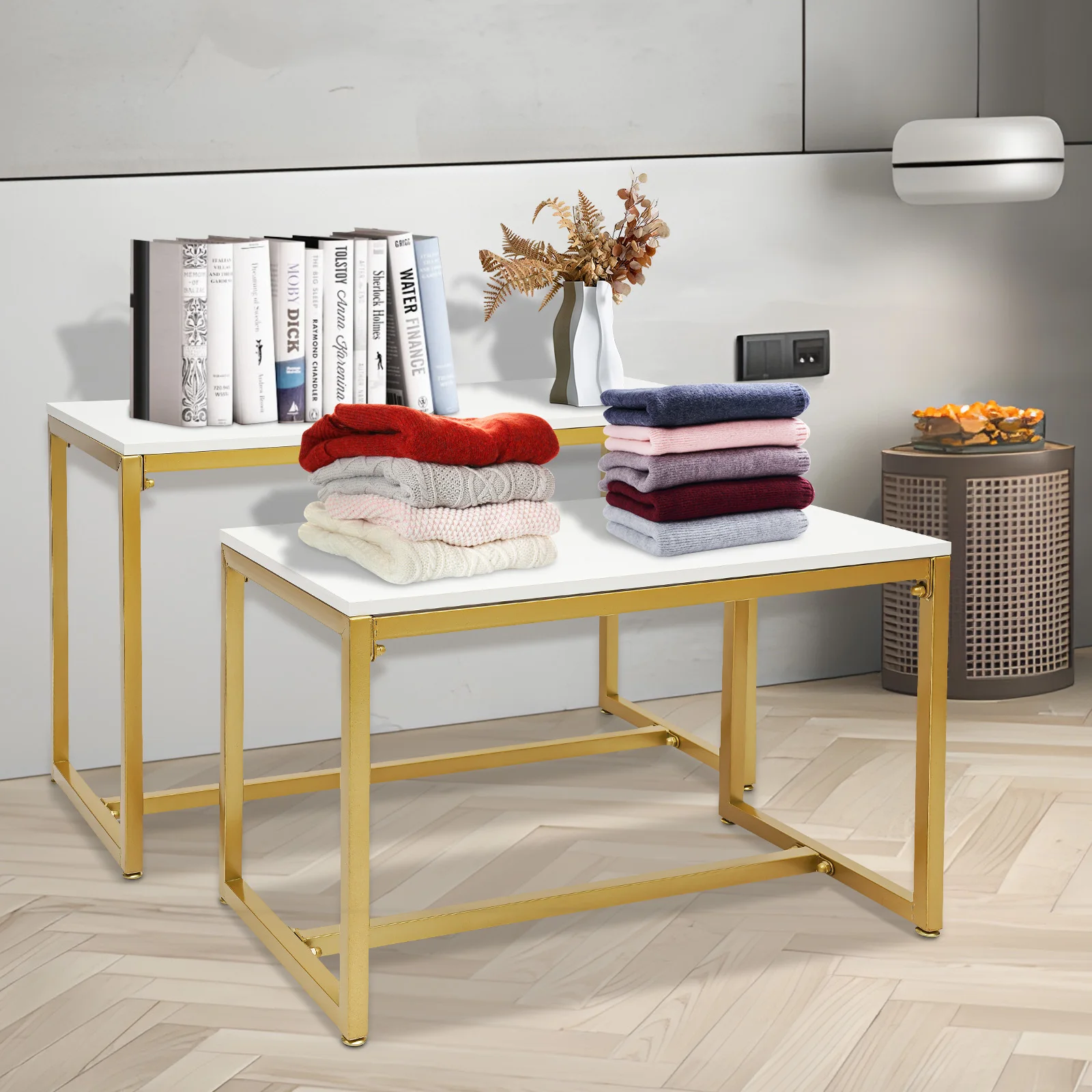 

Side Tables Set of 2, End Tables with Tempered Glass, 2-Tier Nightstands with Storage Shelves, Slim Sofa Table for Living Room