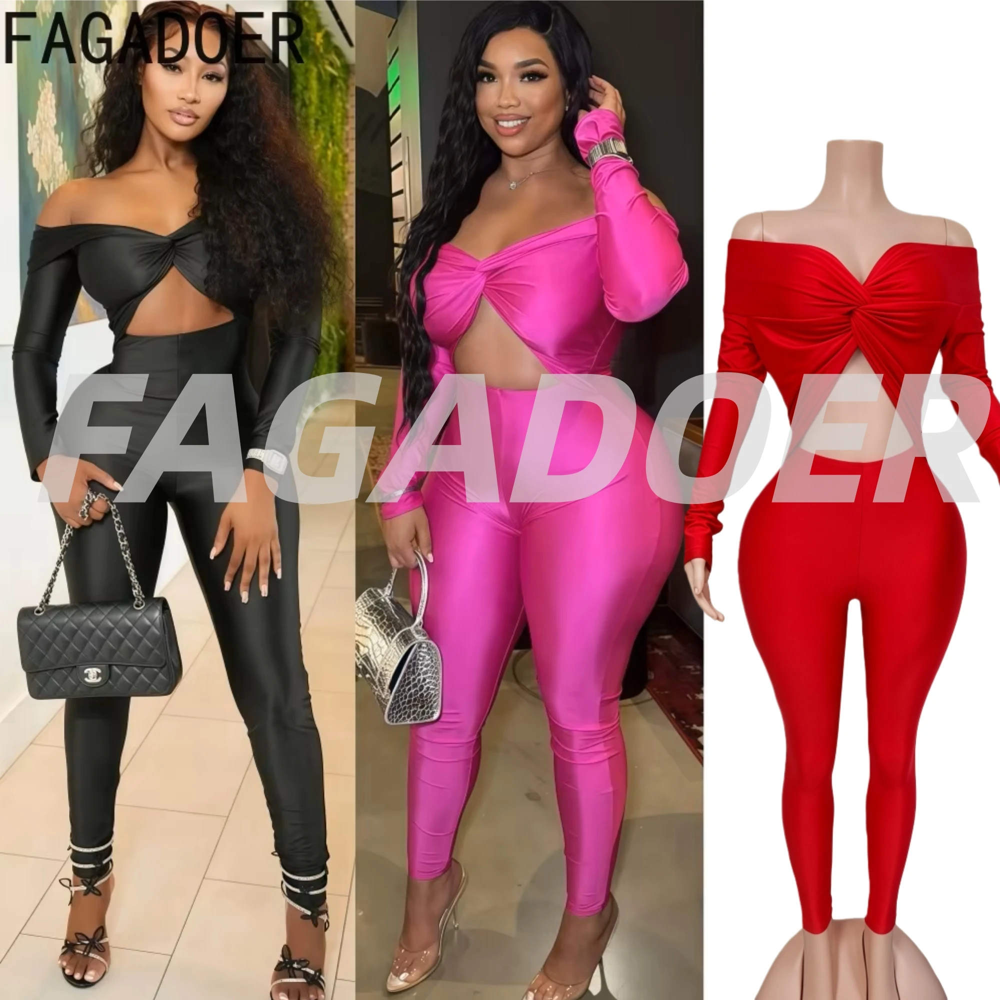 จั๊มสูทแฟชั่นผู้หญิงแบบเซ็กซี่โชว์เนื้อผ้าเว้าหลัง แบรนด์ FAGADOER สีพื้น ดีไซน์เปิดไหล่ โชว์หลัง รอมเปอร์สตรีทแวร์ รุ่นใหม่ปี 2025