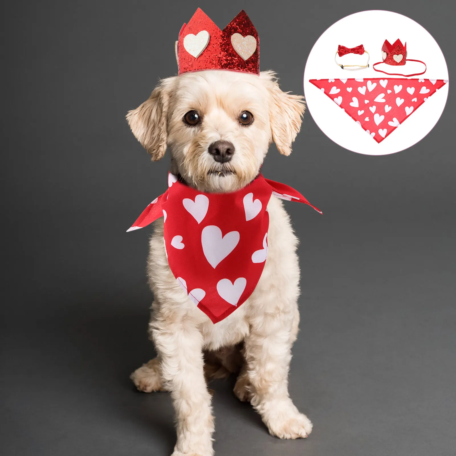 

1Set Pet Festival Decorative Accessories Dog Crown Headband Bowtie Bib Saliva Towel Valentine's Day Party Pet Dogs Saliva Towels