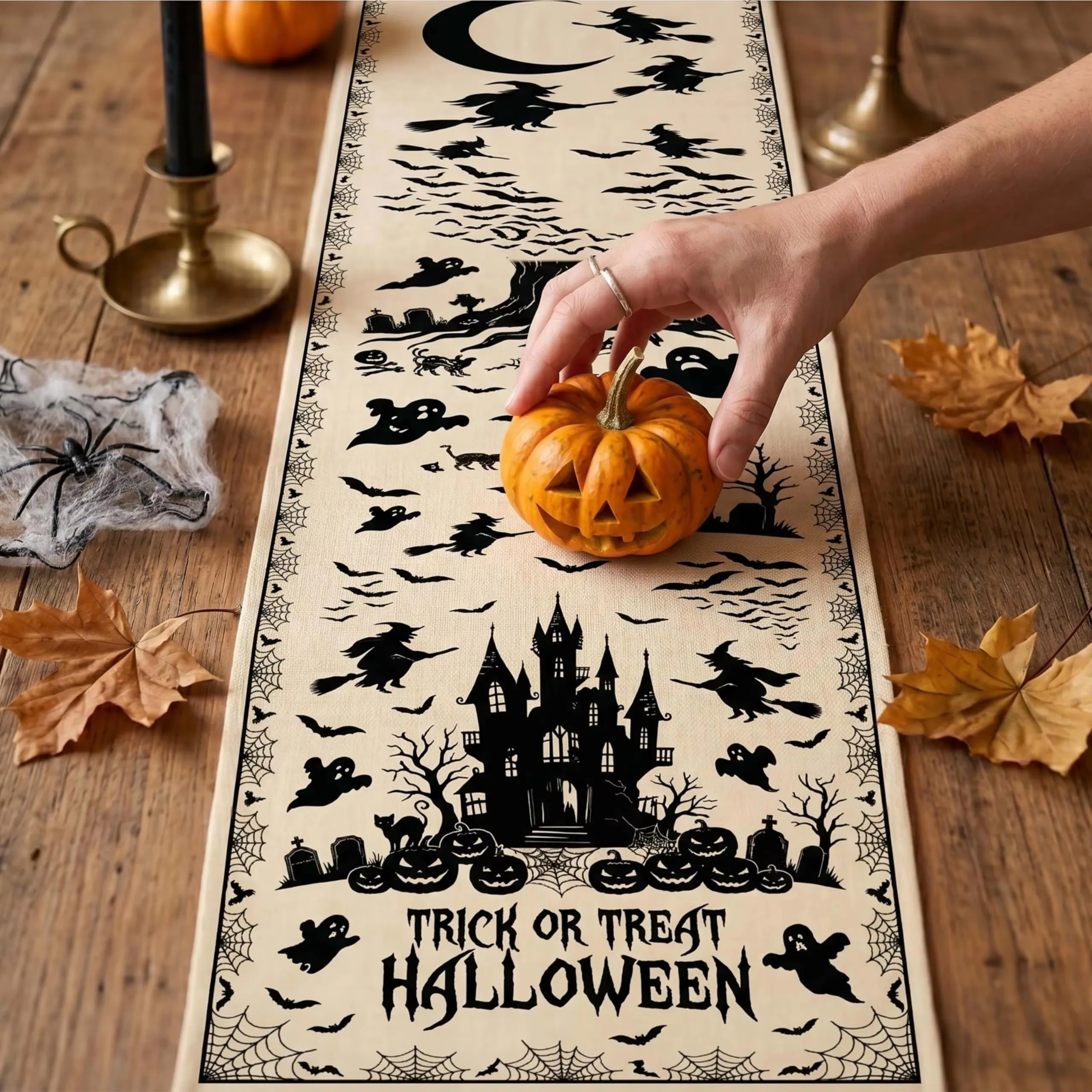 Vintage Halloween Table Runner Trick or Treat Witch Ghost Castle Pumpkin Spider Web Retro Beige Table Scarf Autumn Fall Dining