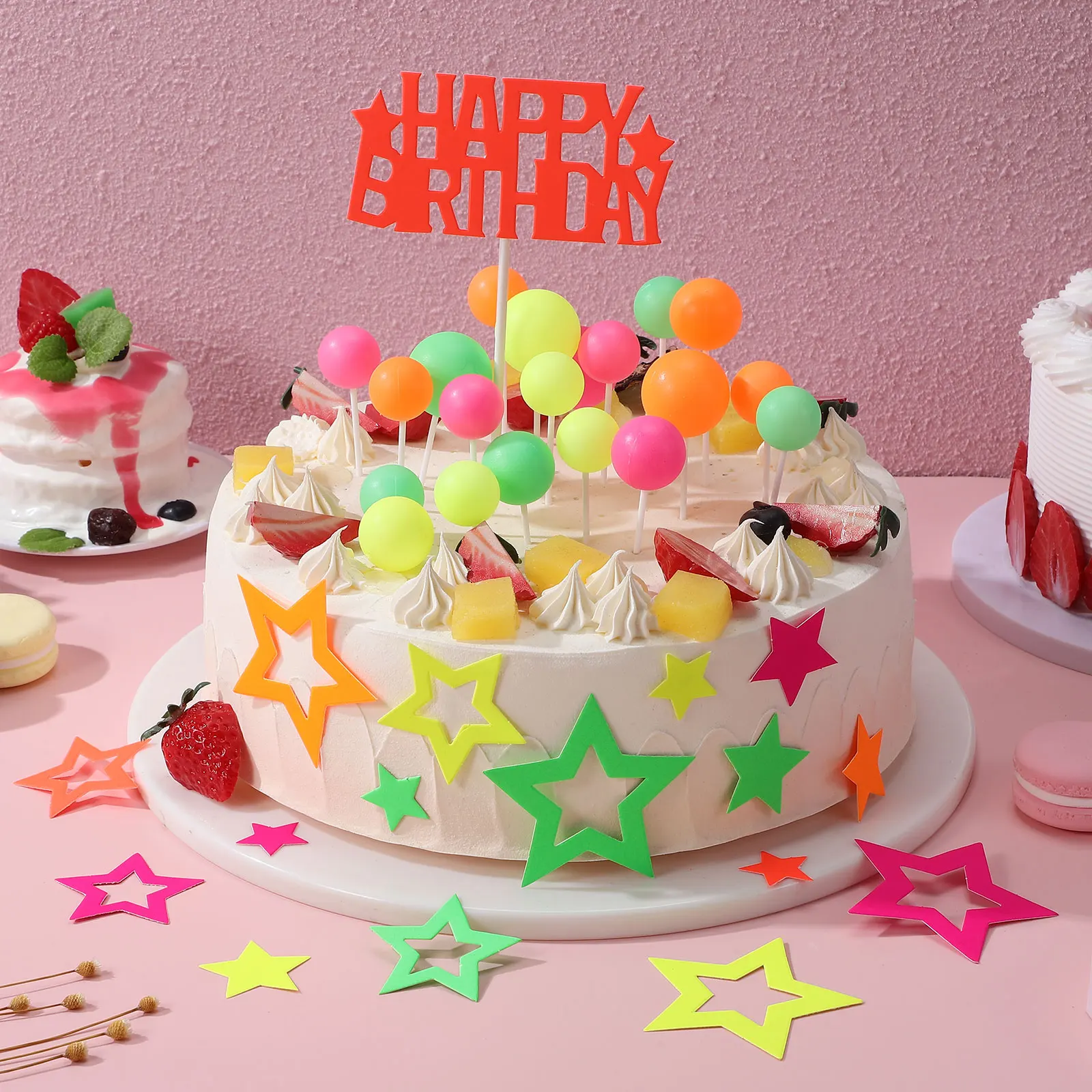 

40pcs Glow in The Dark Cake Toppers Black Light Party Cake Deco Neon Cake Glow Kit children birthday Cake fluorescence adornment
