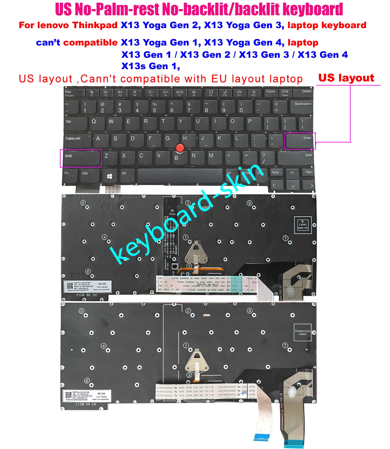 US Backlit /no-backlit Keyboard For IBM Lenovo Thinkpad X13 Yoga gen 2 , X13 Yoga gen 3  laptop