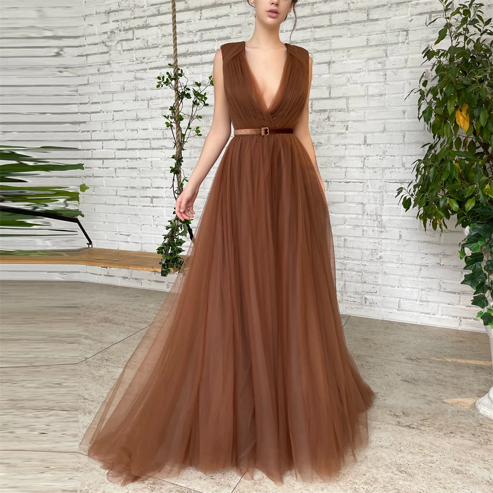 

Fashion Chocolate V-Neck Organza A-Line Formal Occasion Prom Dresses Floor-length Women Evening Party Dress فساتين السهرة