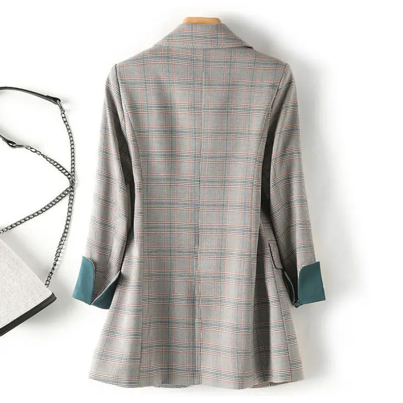 Giacca da donna a maniche lunghe con bottone singolo con colletto rovesciato Vintage scozzese grigio cappotto corto per abbigliamento donna giacche moda 2024