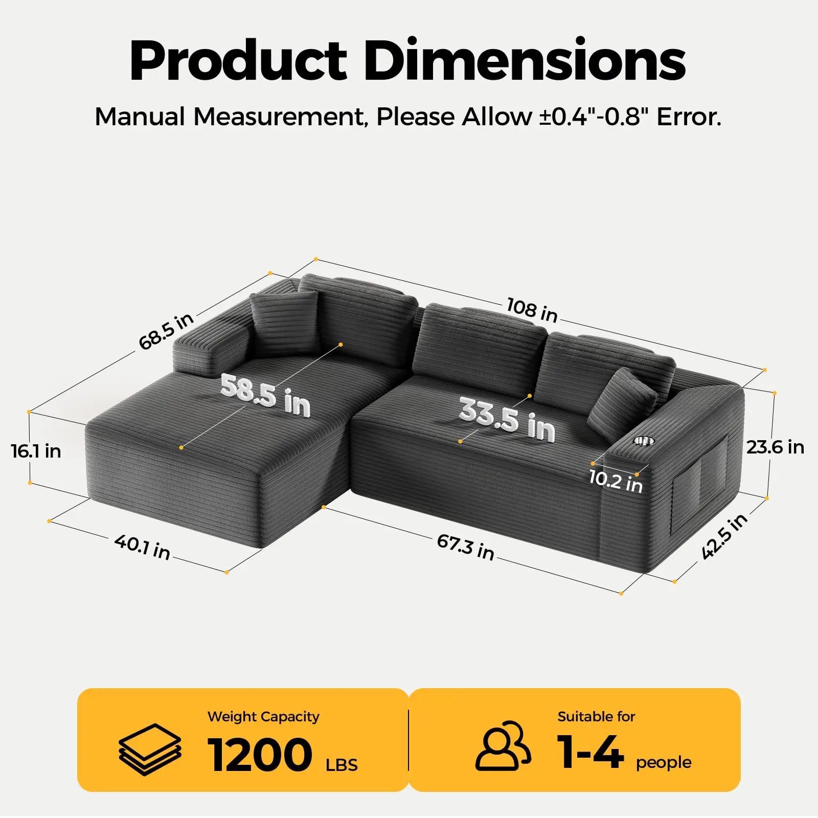 Cloud combination sofa, a box of compression modular sofa, deep seat corduroy boneless L-shaped sofa, suitable for living room