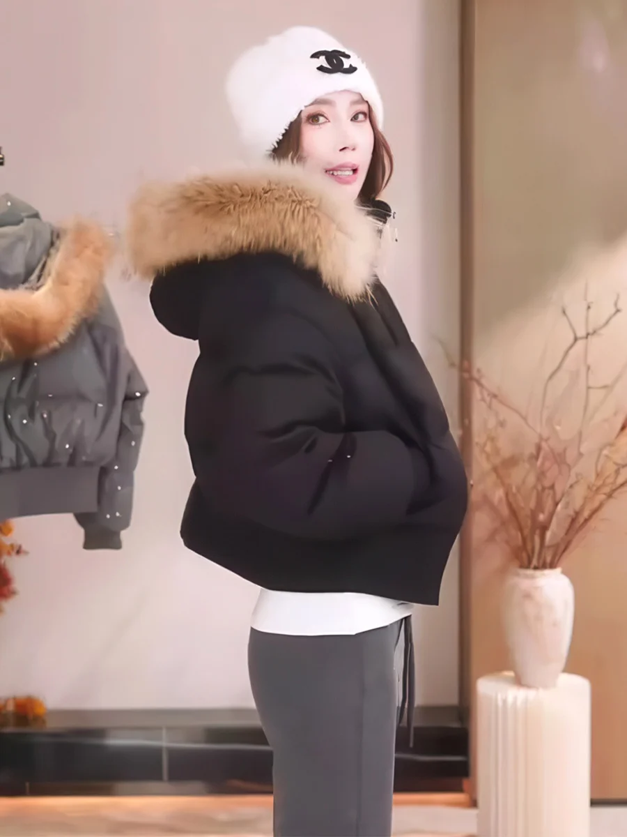 Cappotto Imbottito da Donna con Cappuccio, Giacca Calda Trapuntata con Grande Collo in Pelliccia, Capospalla