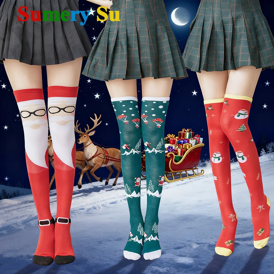 

Stockings Socks Women New Christmas Cartoon Cosplay Over Knee Cotton Sexy Slim Ladies Girls Halloween Gift 12 Colors Hot Sale
